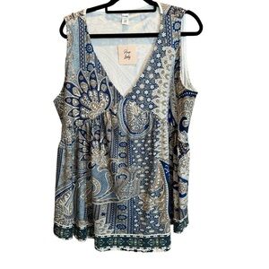 Pixie Lady Blue Tan White Paisley Print V neck Tank Sleeveless Top Blouse 2X
